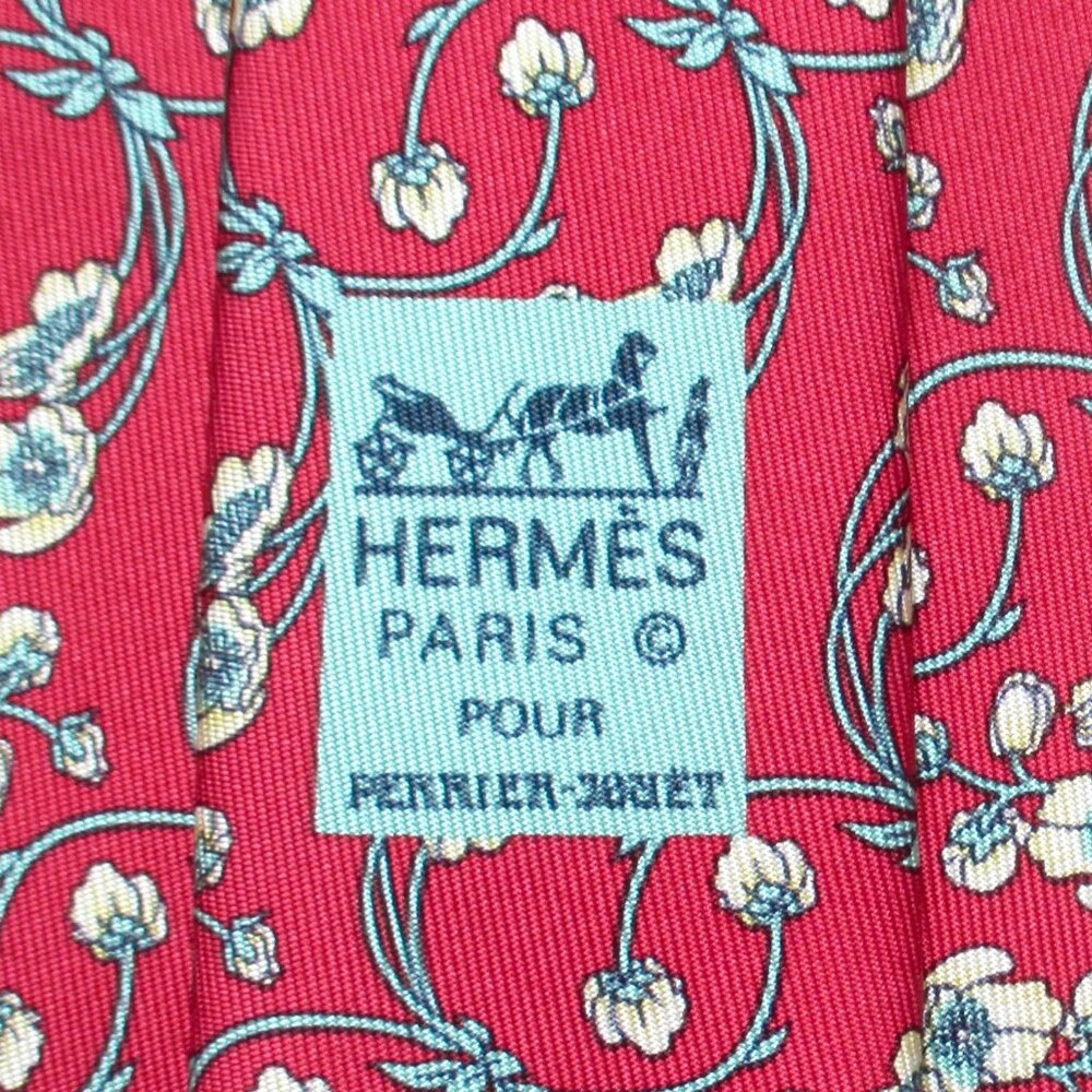 RARE LTD. EDITION HERMES TIE ~ RED YELLOW GREEN FLOWERS PERRIER JOUET CHAMPAGNE